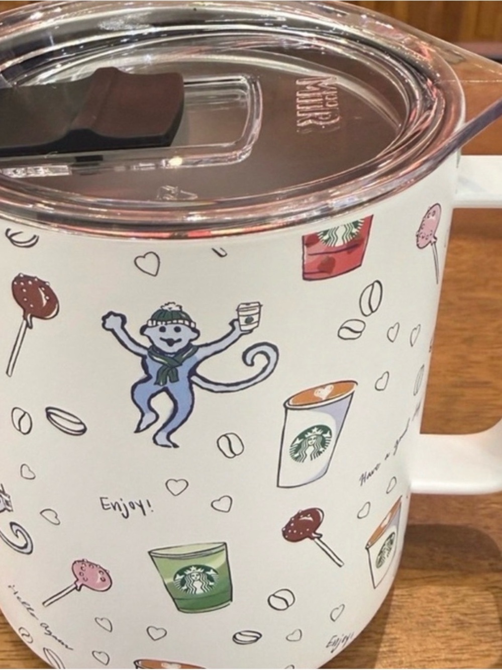 Starbucks White Ceramic Travel Mug with Colorful Coffee & Monkey Design